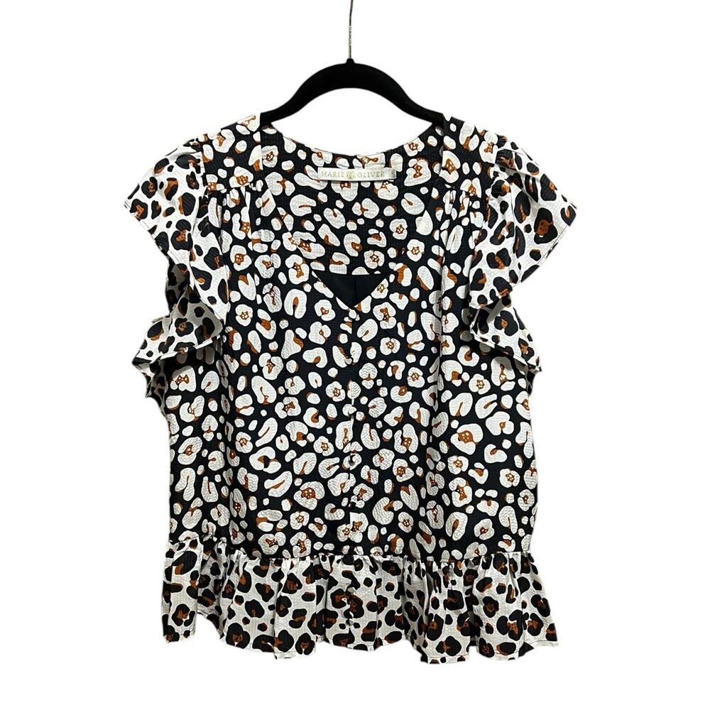Quiet Luxury 100% Silk Marie Oliver Animal Print Flutter Sleeve Top Sz M